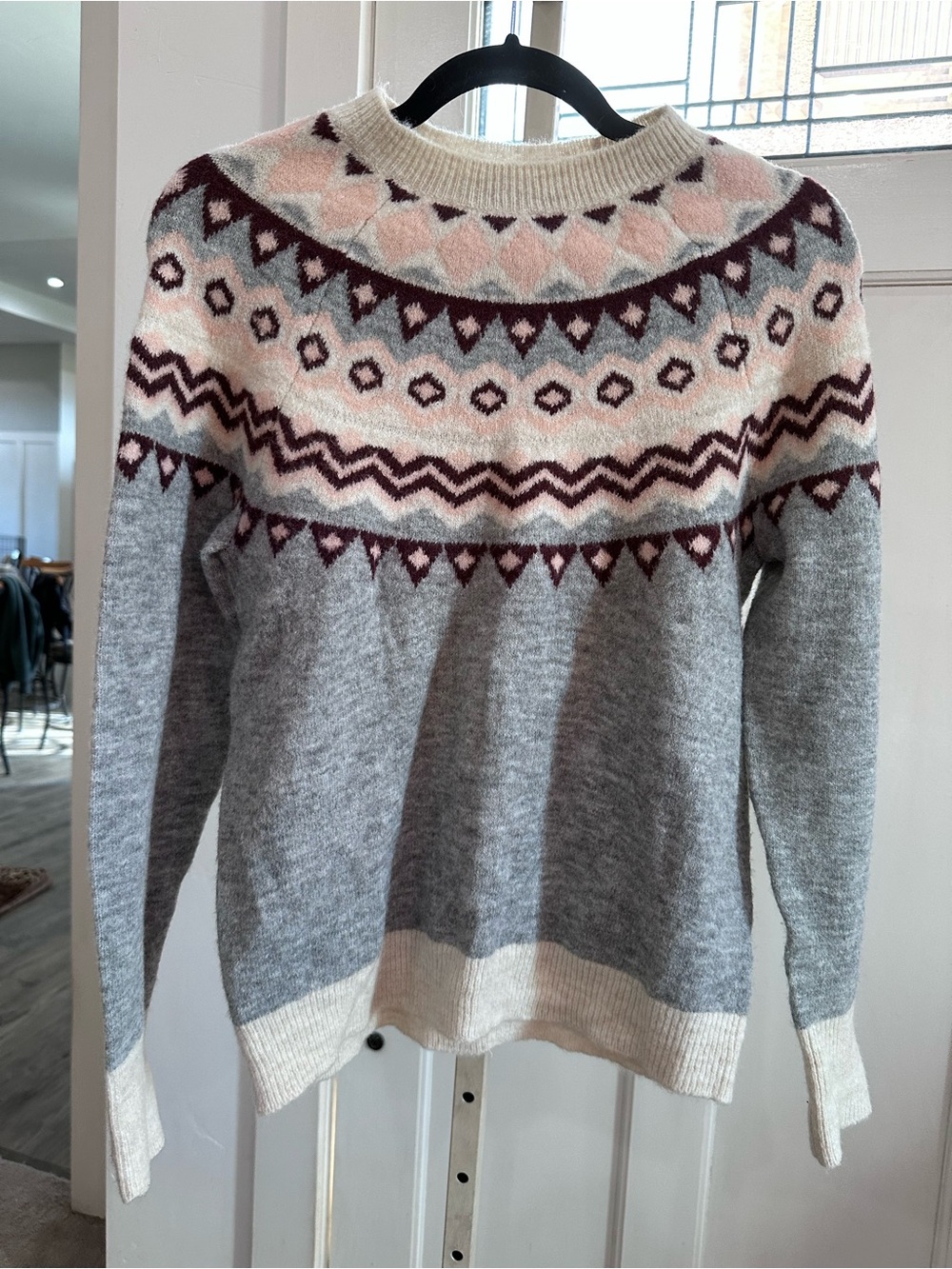 Halogen c Atlantic-Pacific Crewneck Sweater - Grey with Pink & Burgundy